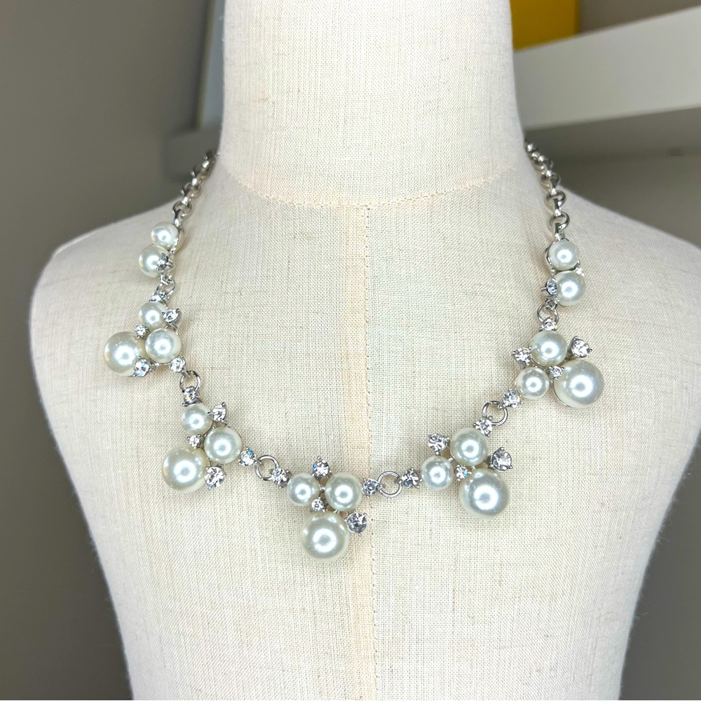 Silver faux pearl and crystal rhinestone collar necklace
